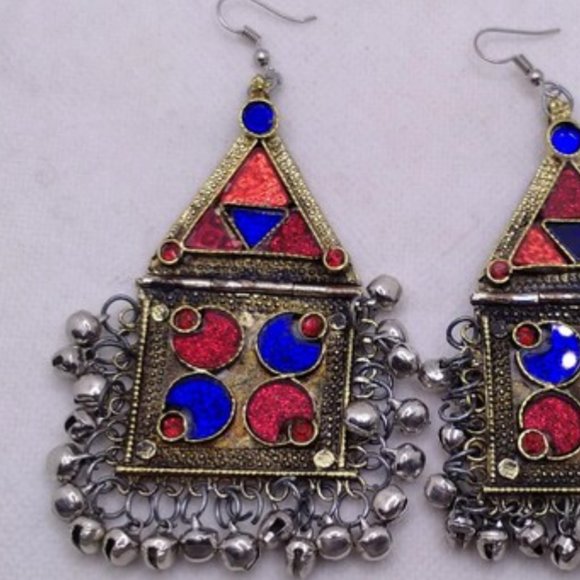 Tribal Dangle Earrings With Bells, Kuchi Vintage Massive Red and Blue GlassStone - Picture 2 of 6